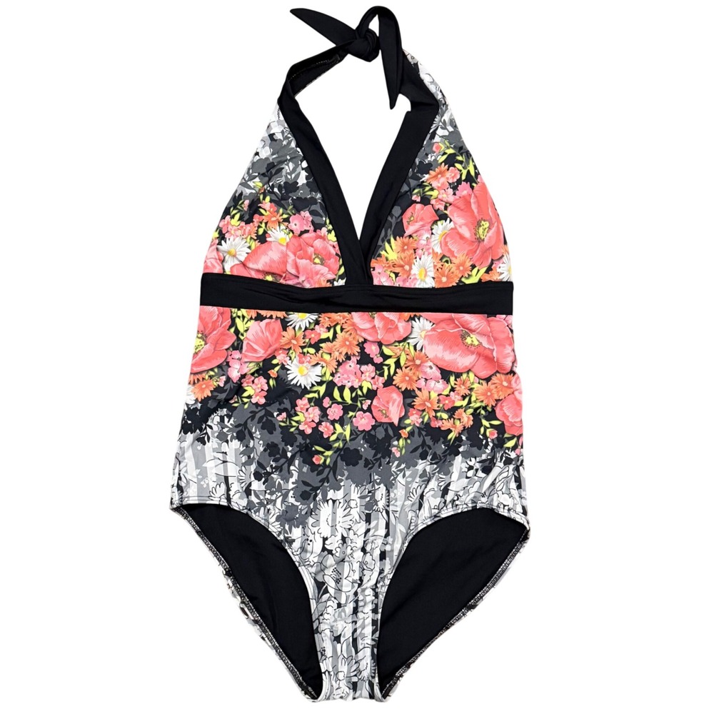 JETS by Jessika Allen Floral Striped Halter One Piece Swimsuit Size 12 USA Black